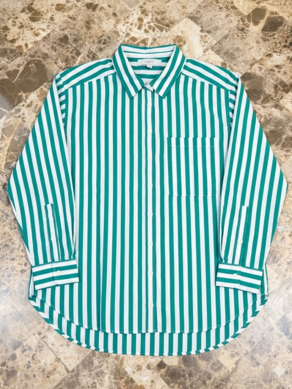 LOFT Striped  Oversized  Button Down Shirt Green White Medium Petite